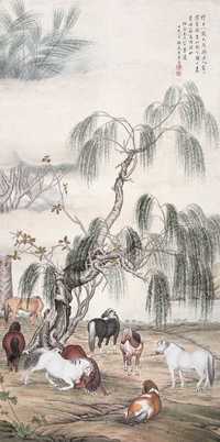 戈湘岚 1947年作 柳阴八骏 立轴